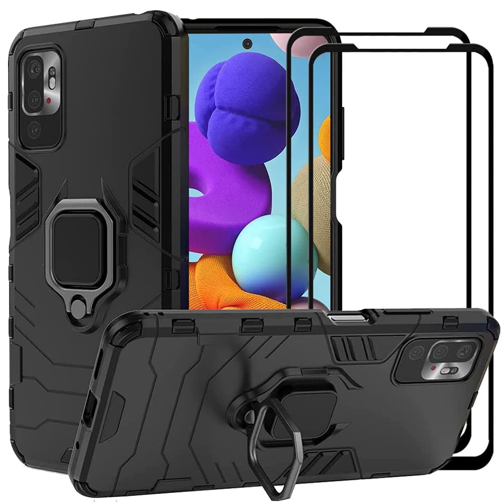 for Xiaomi Redmi Note 10 5G (Not fit Note 10 4G) Case with Screen Protector Tempered Glass (2-Pack), Hybrid Rugged Heavy Duty Anti-Scratch Dual Layer Shockproof Case Cover，Black