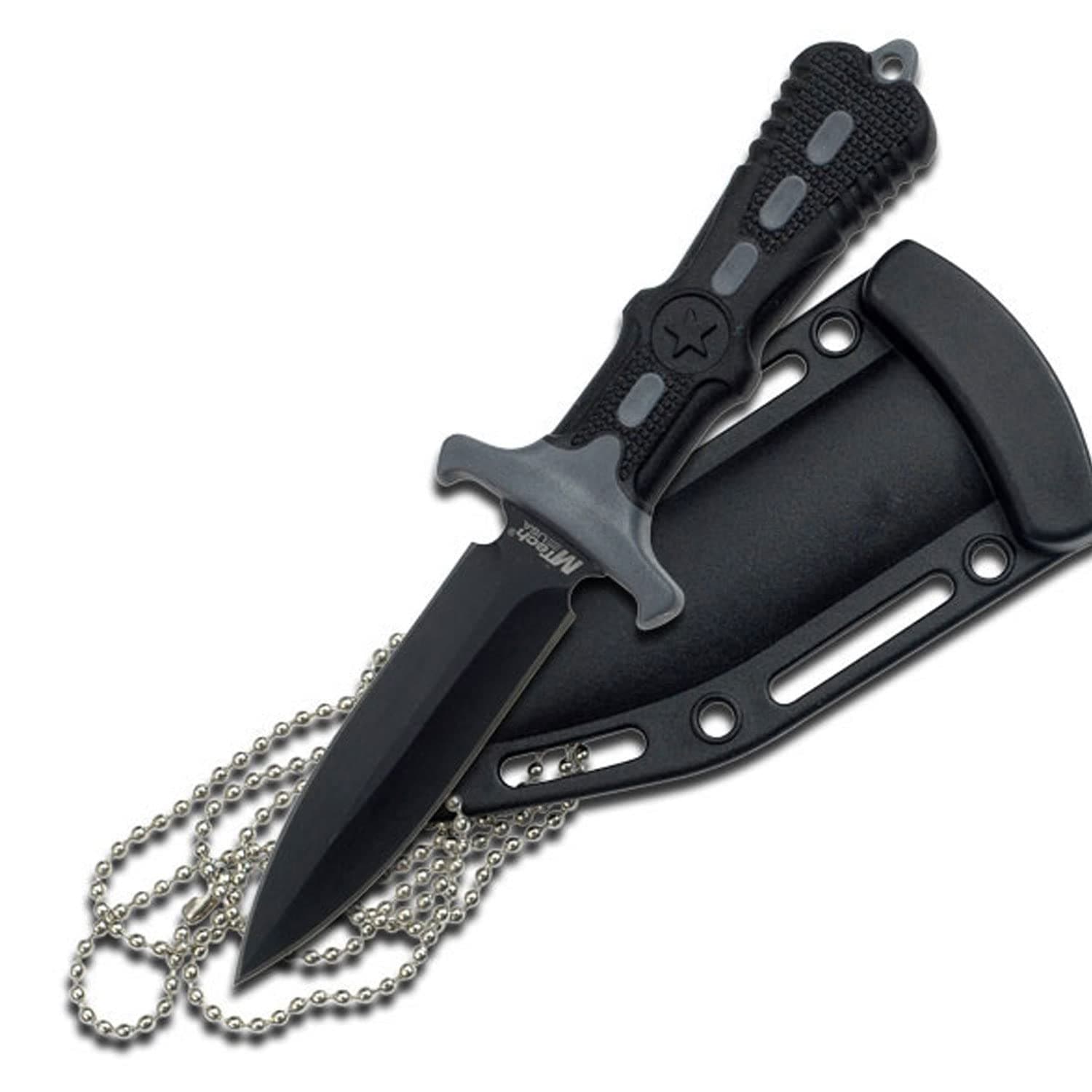 Fixed Blade Knife – Neck Knife - Black Blade, Black and Grey Nylon Fiber Handle, Includes Nylon Fiber Sheath w/ Ball Chain - Hunting, Camping, Survival, Tactical – MT-20-14GY,Black/Grey