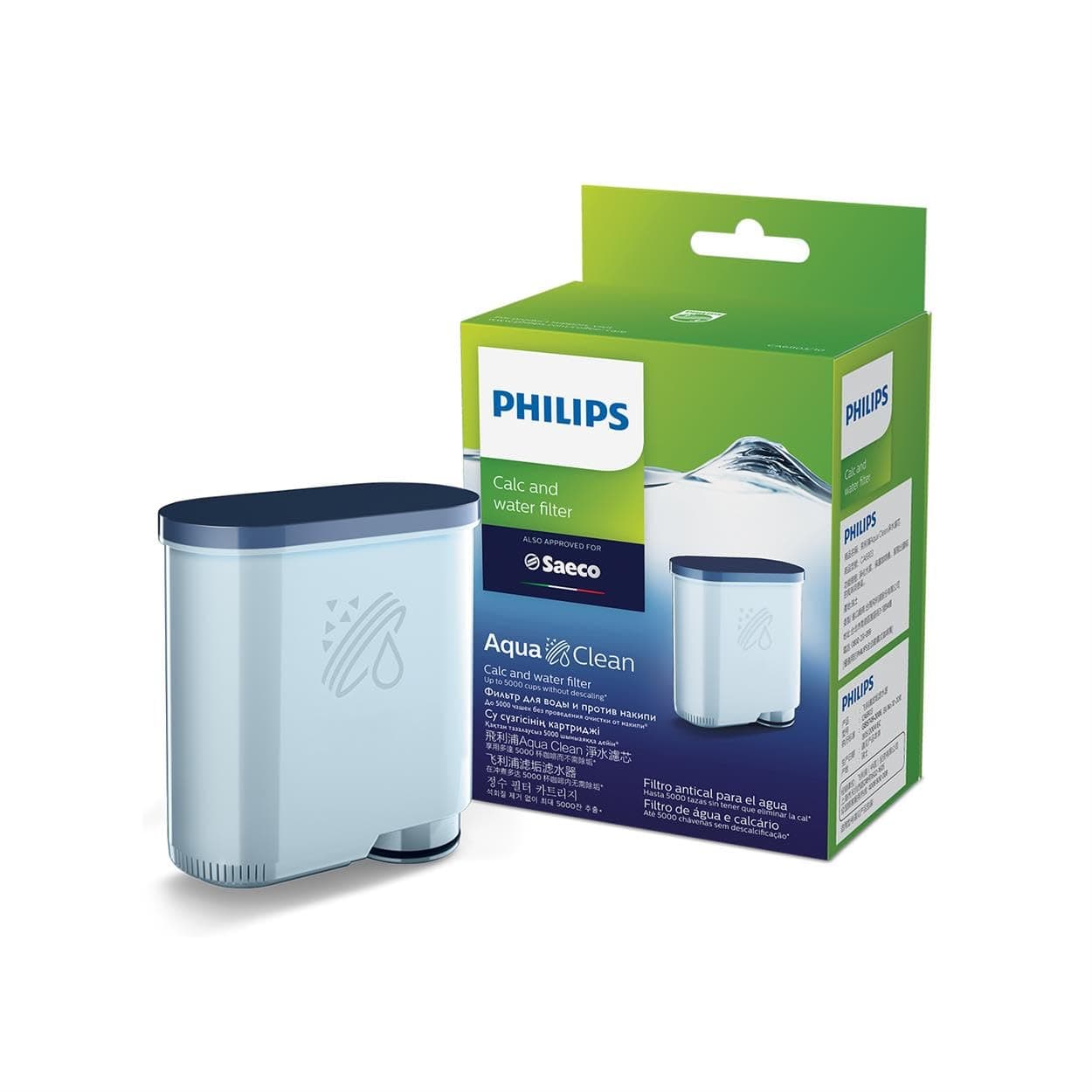 Philips AquaClean Filter – No Descaling for Up to 5000 Cups, Micro-Porous Water Purification, Ion-Exchange Technology, Easy Click&Go Installation, Compatible with Saeco Espresso Machines (CA6903/10)