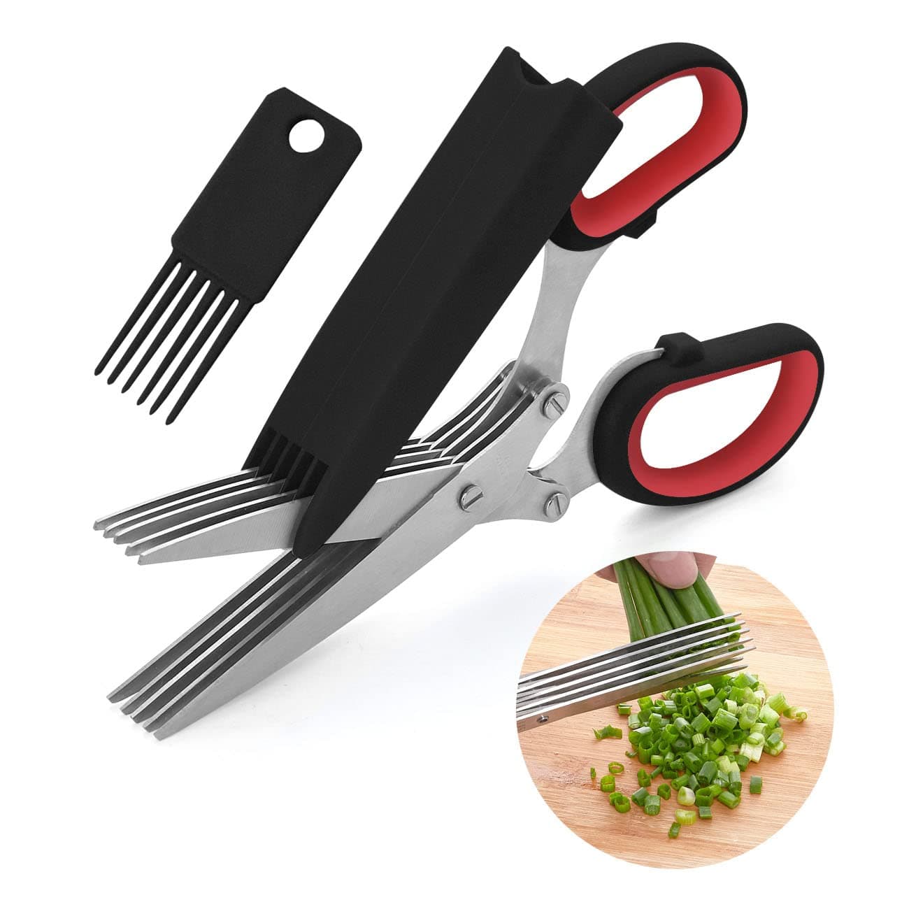 LHSHerb Scissors, Multipurpose 5 Blade Kitchen Herb Shears with Safety Cover, Kitchen Scissors for Chopping Basil Chive Parsley -Black