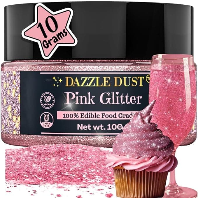 Dazzle Dust Edible Glitter Sprinkles for Cake Decorating, Drinks, Cookie, Icing, Dessert Decorations, Sparkly Luster, Food-Grade, Vegan, Gluten Free, Kosher, Bulk 10g, Pink