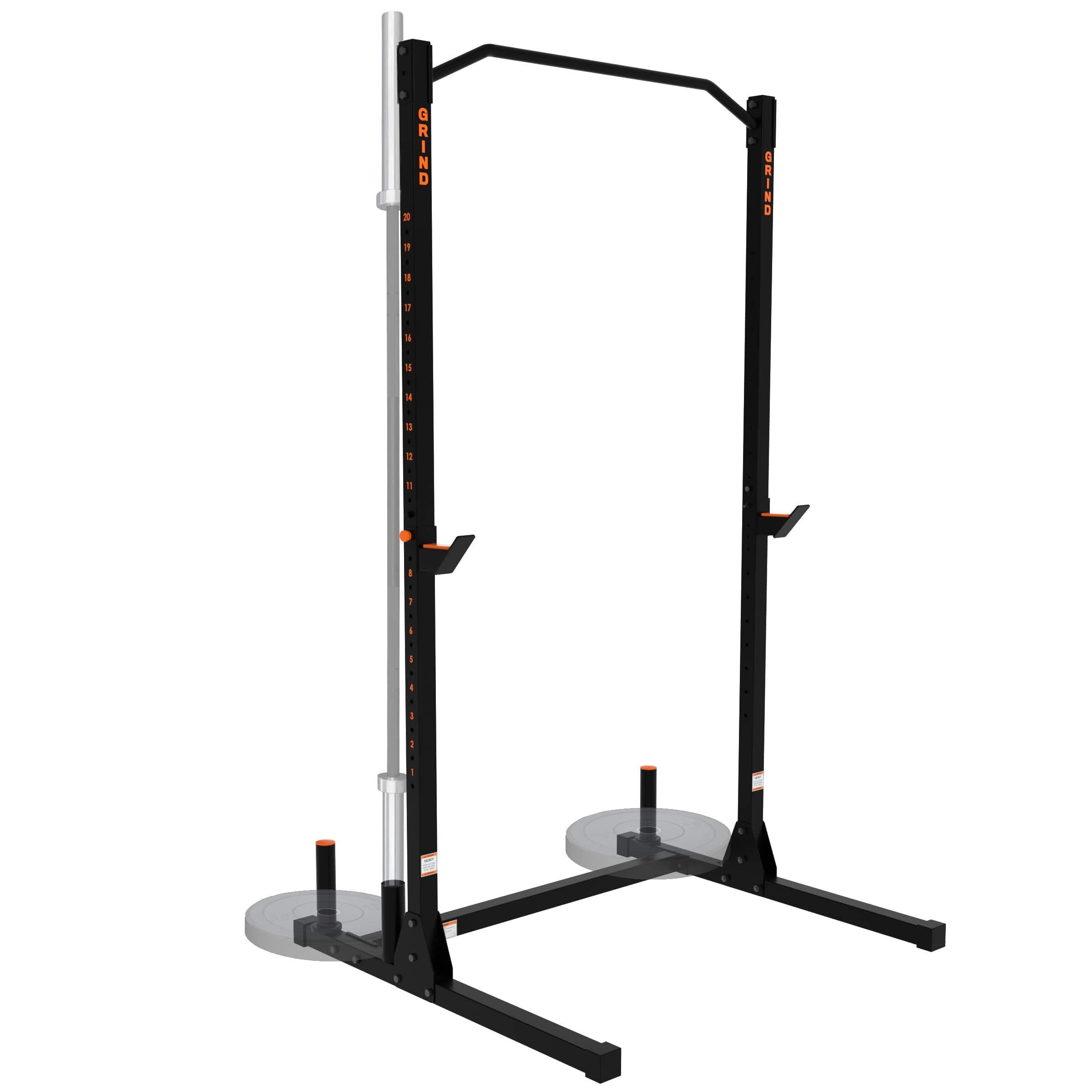GRIND FITNESS Alpha1000 Squat Stand, Exercise Rack with Pull Up Bar, Barbell Holder and Weight Plate Storage Pegs, 2x2 Steel Uprights, J-Cup 1000 lbs Weight Limit