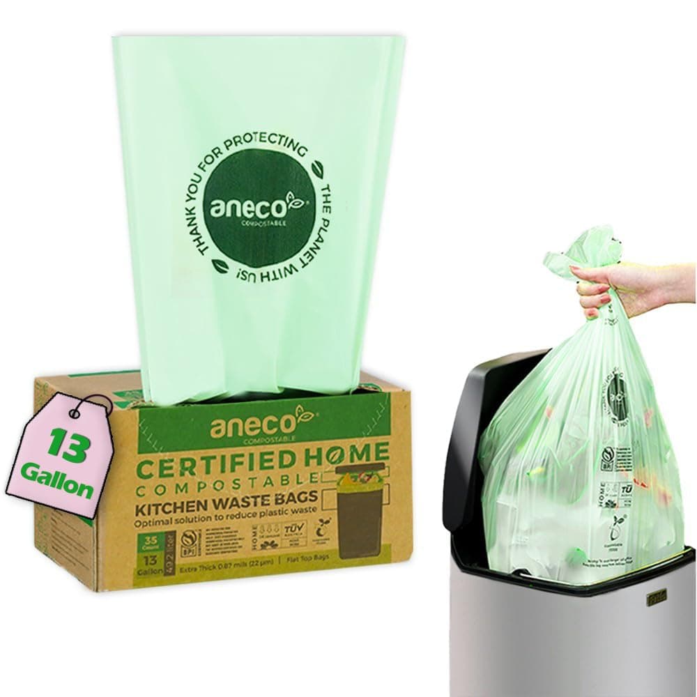 ANECO100% Compostable Trash Bags Biodegradable Bag Extra Thick OK Compost Home BPI and TUV Certified (13 Gallon, 50 Count) (13 Gal, 35 Count (Flat-Top, Pack of 1))