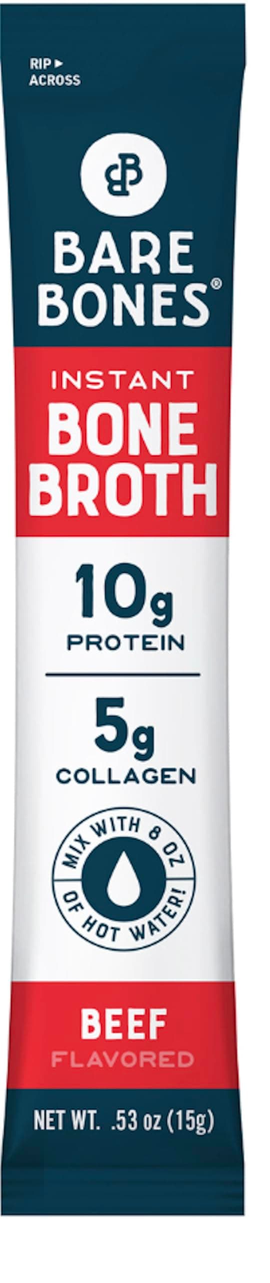 Bare Bones Beef Bone Broth Instant Powdered Mix | Rich Savory Packets on-the-Go No Artificial Flavors | 100% Grass Fed Keto & Paleo Friendly | 10g Protein | 8 Pack