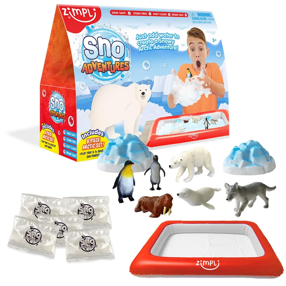ZIMPLI - Sno Adventures Arctic Pack, 5 Use, 8 x Arctic figures, Inflatable Play Tray, Imaginative Sensory Playset, Artificial Fake Snow Toy, Xmas Gift for Kids
