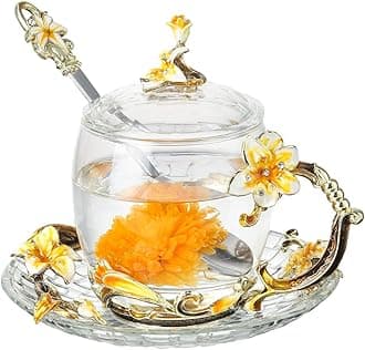 Fancy Tea Cups with Lid Mother's Day Cup Gift Lily Glass Coffee Mug with Spoon Birthday Gift for Tea Lover Novely Cup Home Decoration (11oz Yellow)
