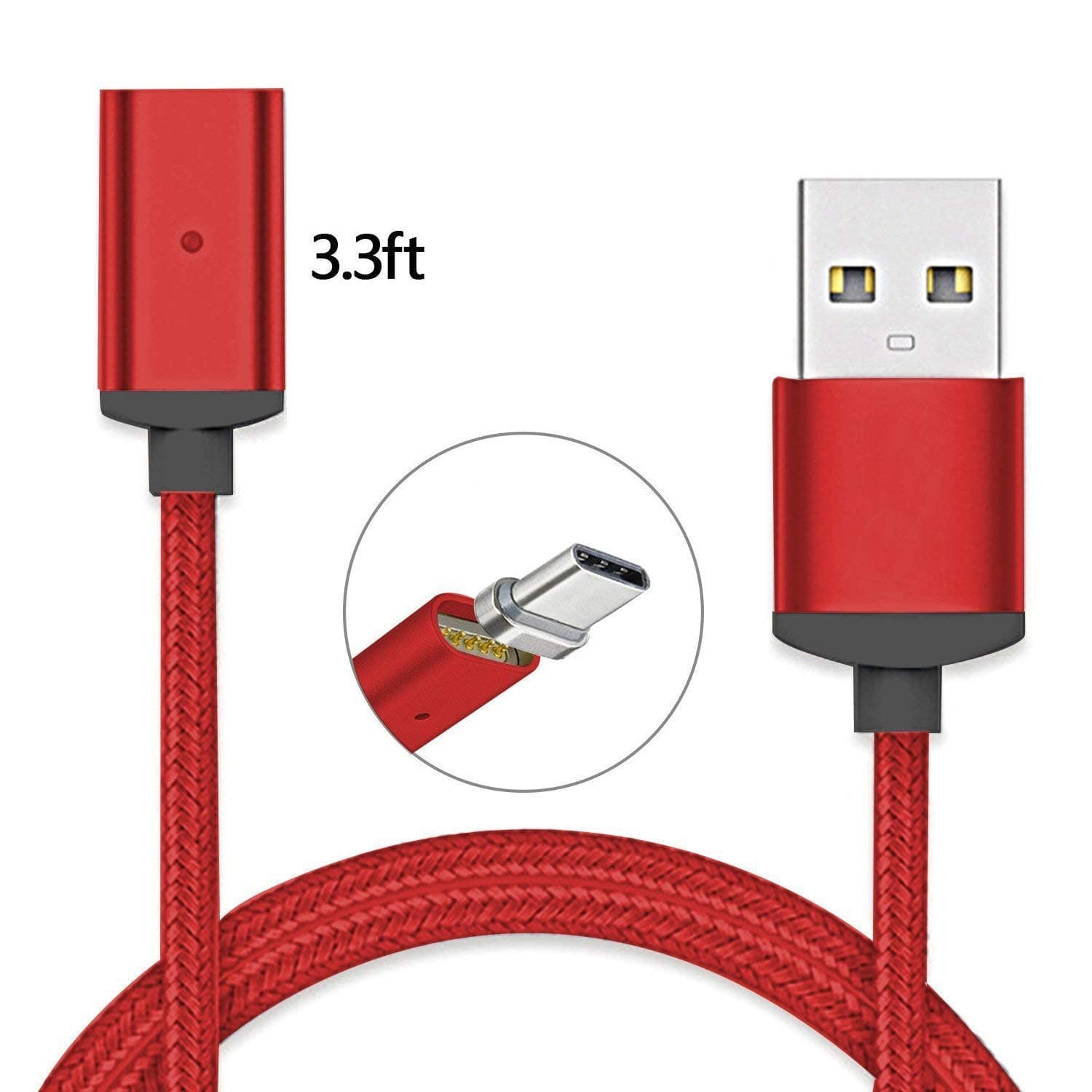 Magnetic Charging Cable, Garas Nylon Braided Type C Fast Charging for Samsung Galaxy S8/S8+, Huawei P9/P9 Plus, Nintendo Switch, Google Pixe(3.3 ft-Red)