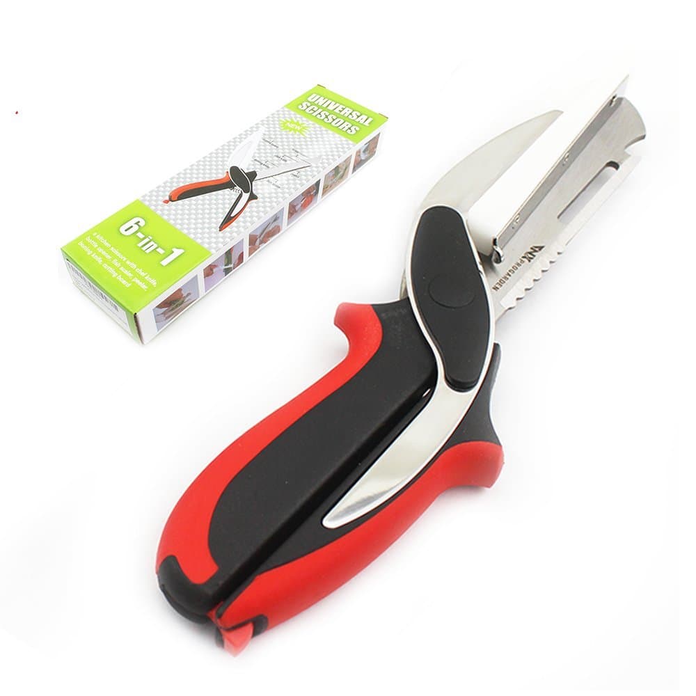 Premium Quality Stainless Steel Kitchen Scissors - Best Multi-Tool Shears Gift for Mom - 6 in 1 Universal Scissors Food Chopper - Knife with Cutting Board and Sharpener