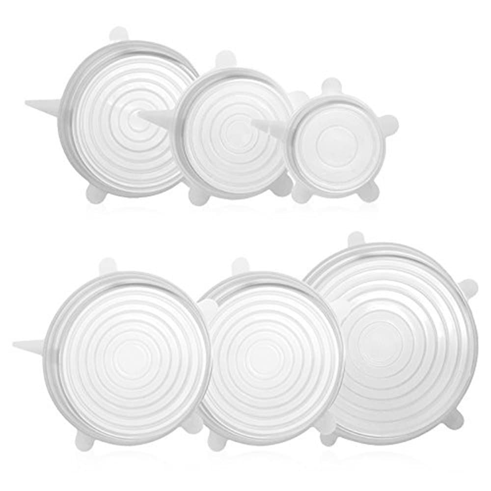 6 Sizes Silicone Stretch Suction Lids Fruit Bowl Covers Elastic Reuseable Fresh Food Storage Cover Kitchen Stretchable Wrap Lids for Cups Pots Jars Cans Transparent