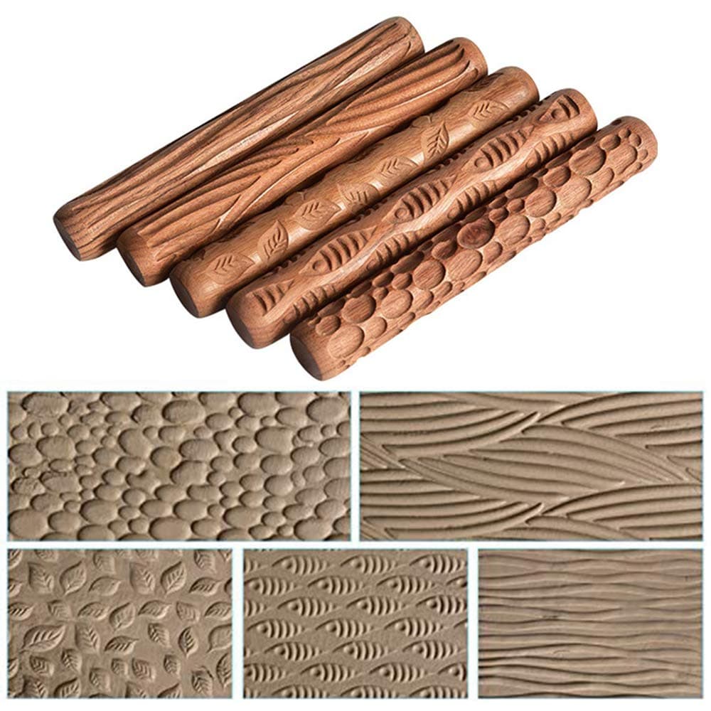5Pcs Wooden Clay Texture Rolling Emboss Plaid Hand Rollers Polymer Clay Ceramic Pattern Pottery Tools