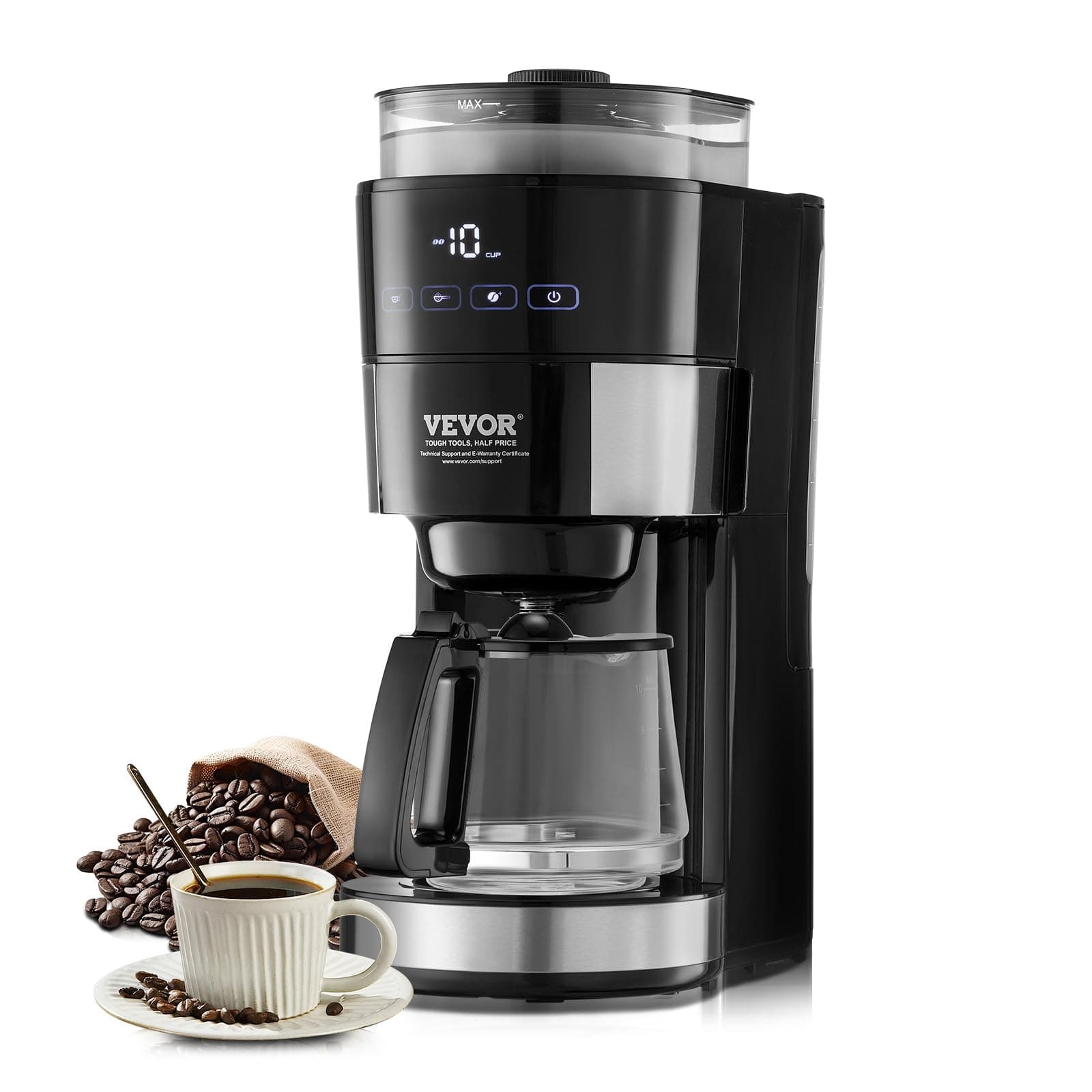 Coffee Maker with Grinder, 10 Cup Coffee Machine, Grind and Brew Coffee Maker with 3 Brew Strength Control, Adjustable Grinding Coarseness, for Home Office Restaurant