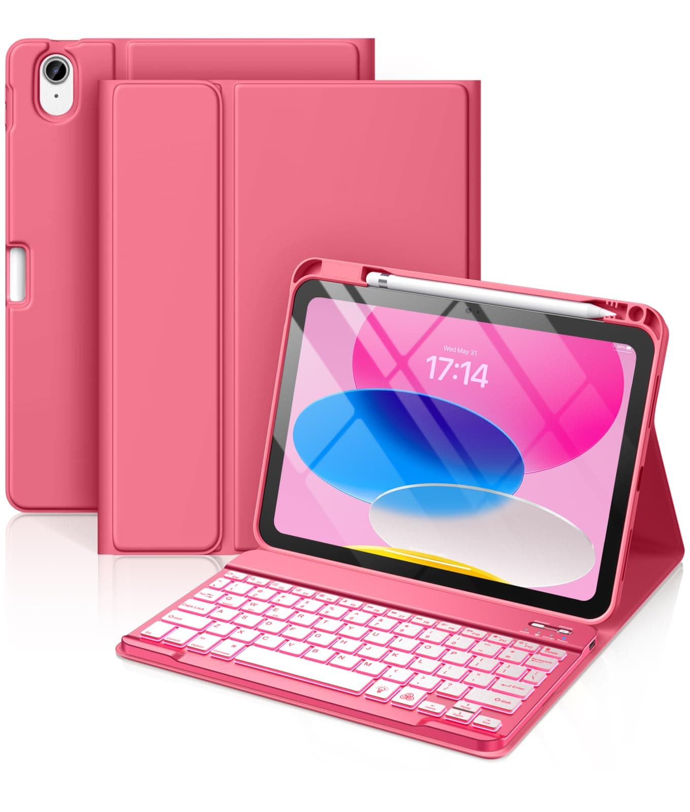 Hamile for iPad 11th 10th Generation Case with Keyboard - 7 Colors Backlit Wireless Detachable Folio Keyboard Cover with Pencil Holder for iPad 11-inch A16 2025 10th Gen 10.9 Inch 2022 (Pink)