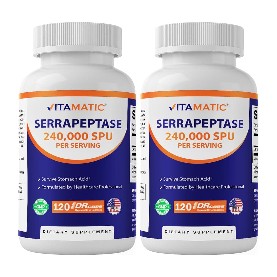 Vitamatic Serrapeptase 240,000 SPU Servings, 120 Delayed Released Capsules - Enteric Coated - Non-GMO- Made in the USA (120 Count (Pack of 2))