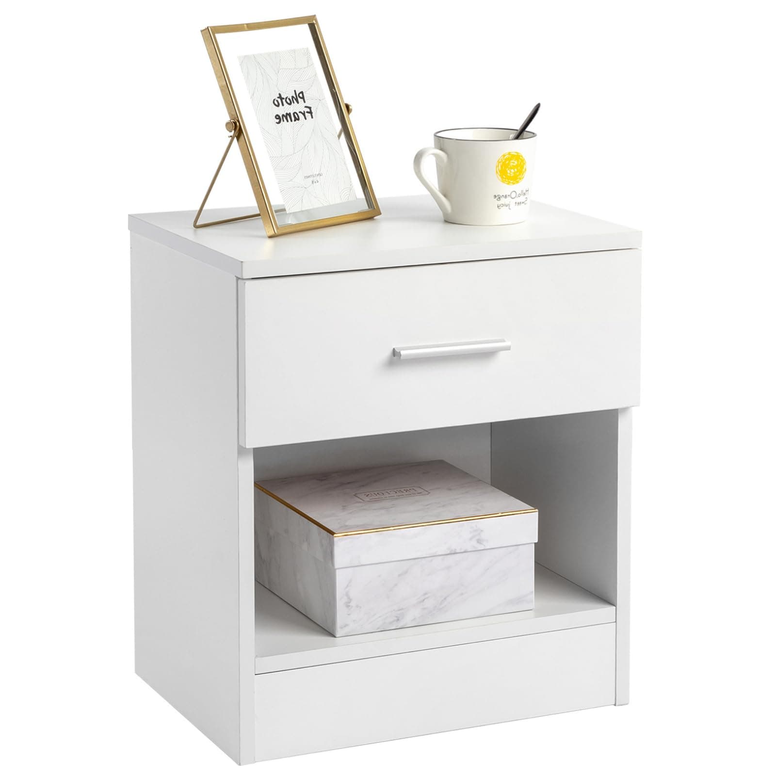 Bedside Table for Bedroom, Modern White End Table with 1 Drawer & Shelf, Wood Nightstand for Bedroom, End Table for Living Room near Sofa, Side Table, Metal Handle