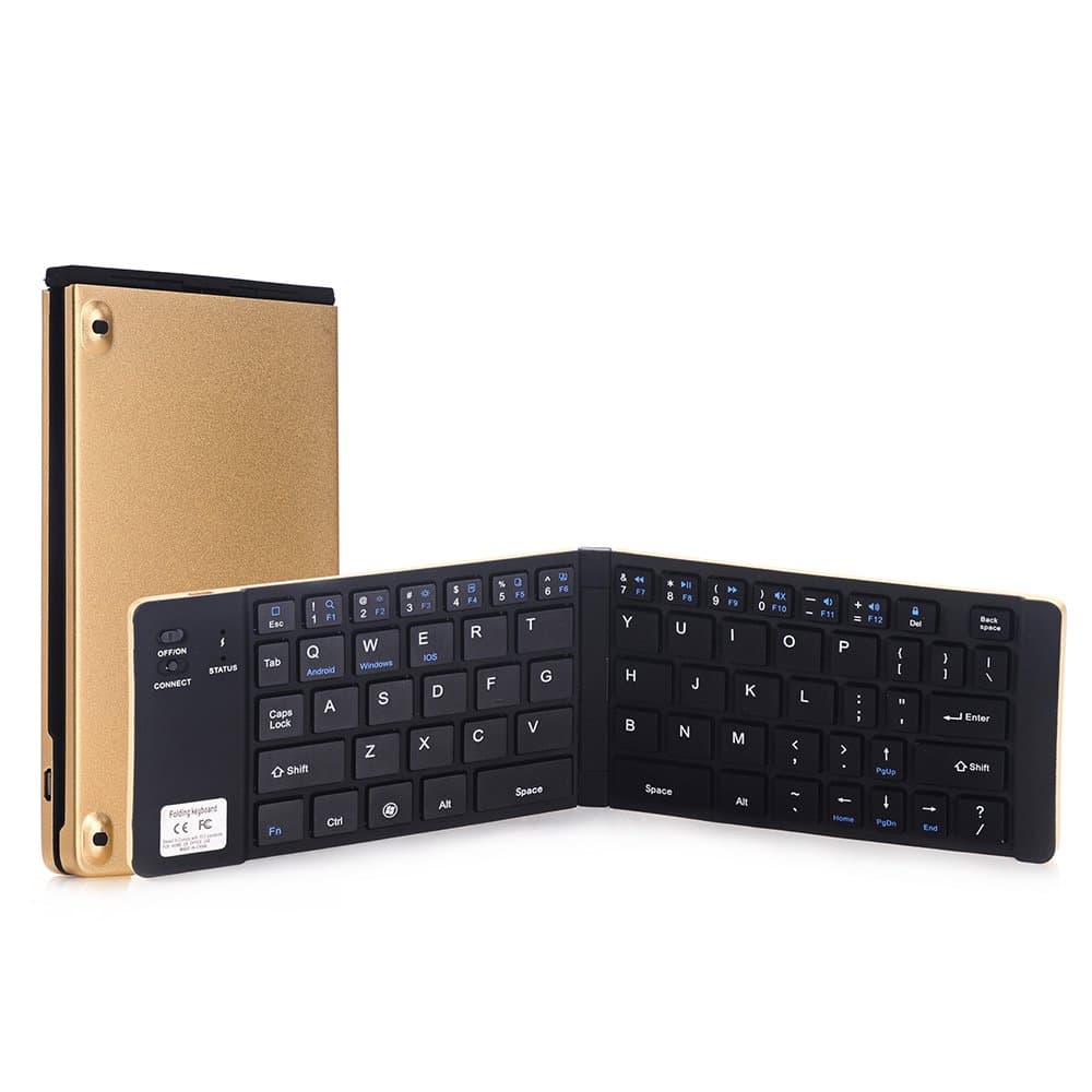 HoMei Foldable Bluetooth Wired USB Keyboard Portable Mini Ultra-Slim Wireless Keyboard Built-in Rechargeable Li-Polymer Battery for iOS Android Windows, Aluminum Alloy, Gold