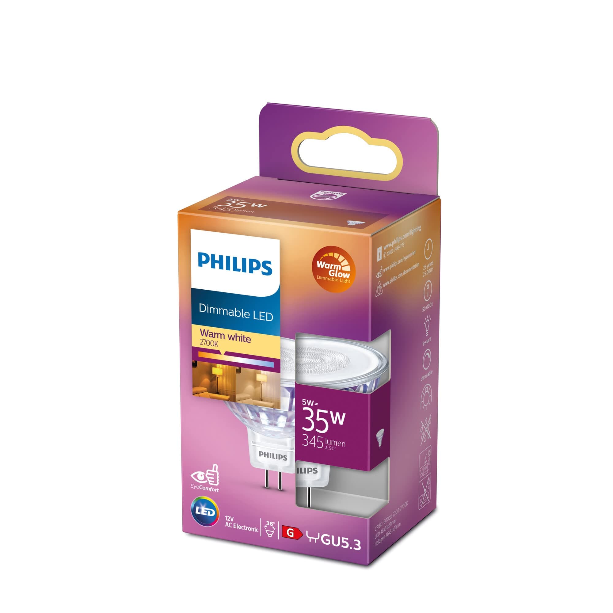 Philips LED Classic Spot Dimmable Indoor Light [GU5.3] 5W - 35W Equivalent. Warm Glow (2200-2700K) 77399100