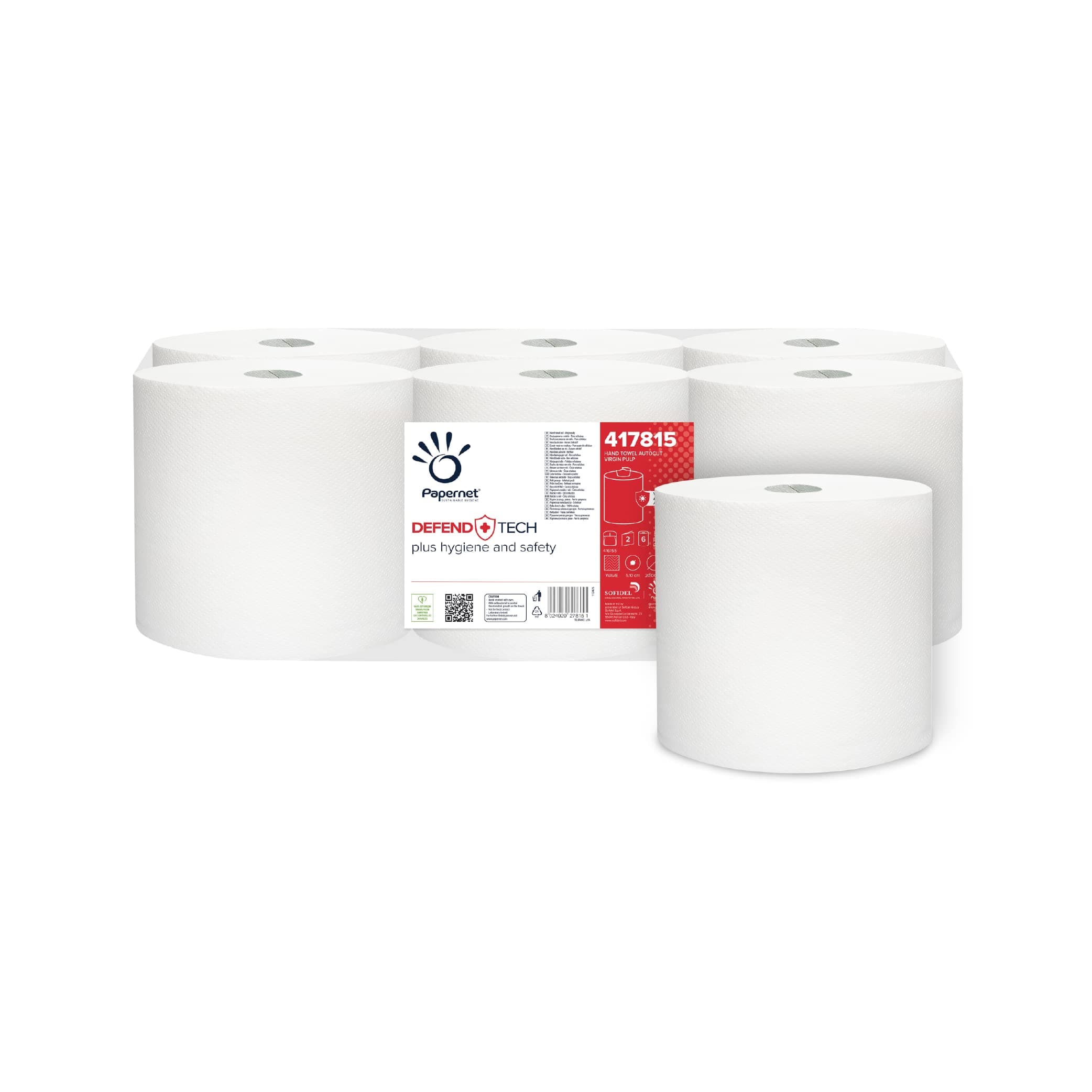 Papernet Defend Tech - Centrefeed Paper Towel Roll 417815, 6 Rolls of 115m Pure Cellulose Paper Towel, with Antibacterial Formula, 2 Plies, 330 Tears per Roll of 19.7 x 35cm