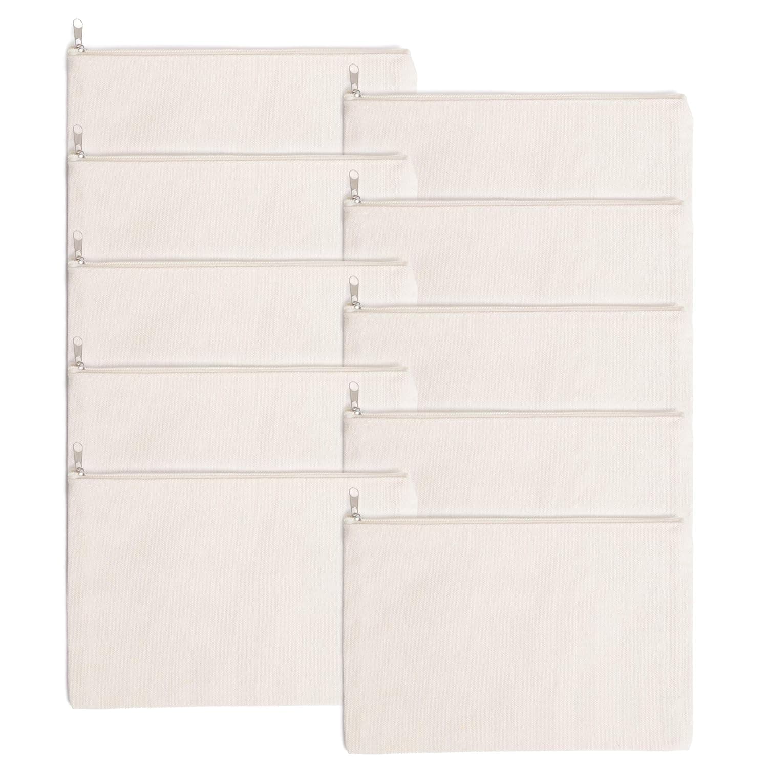 Oasisgalore Canvas Zipper Pouch Bulk - 10 Pack Customizable DIY Craft Blanks Multipurpose Pencil Case Makeup Bag Toiletry Travel Organizer 8.3 x 5.5 Inches - ivory