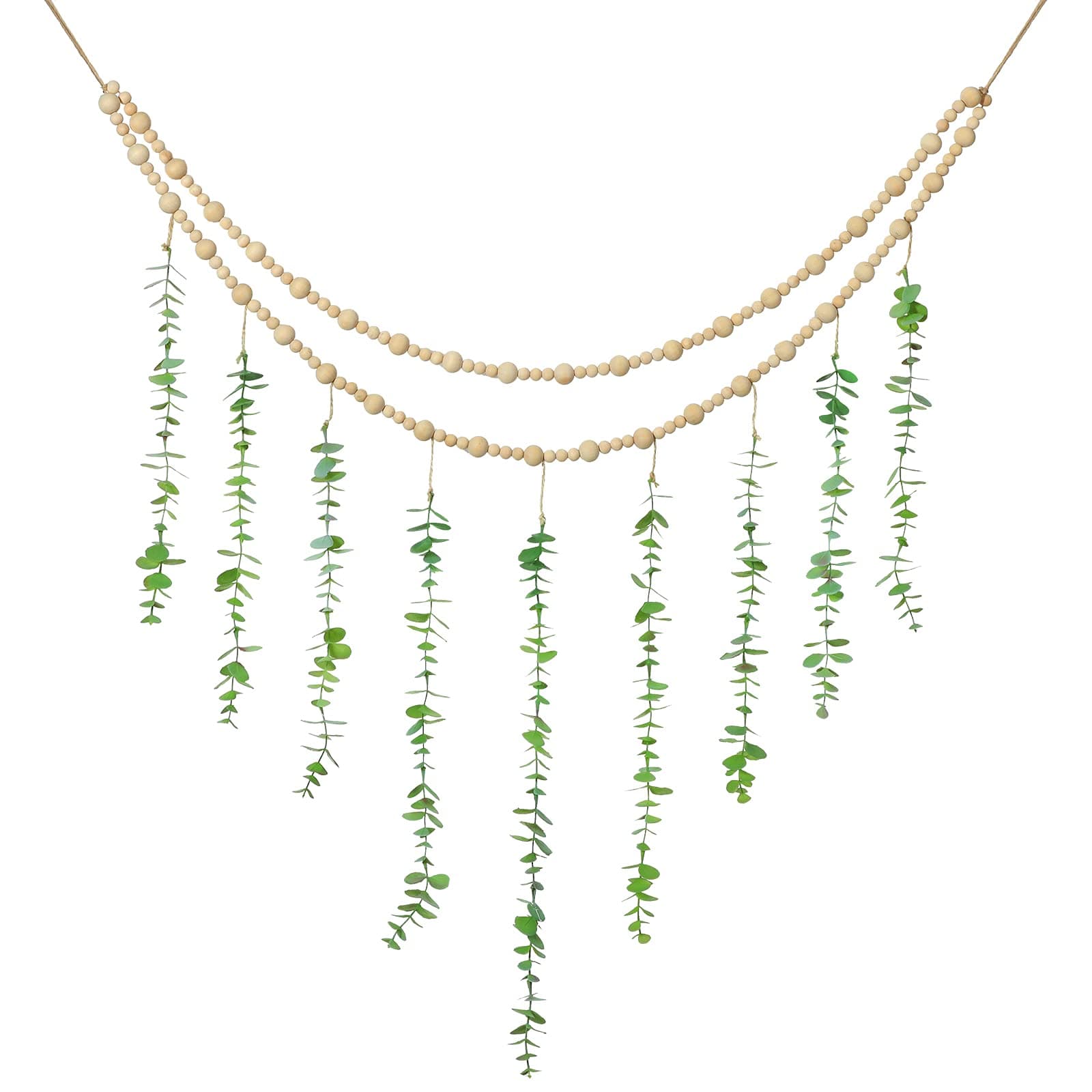 Hanging Eucalyptus Boho Wall Decor Large Boho Bedroom Wall Hanging Wooden Bead Garland Artificial Eucalyptus Natural Greenery Decoration, 36 x 36 Inch