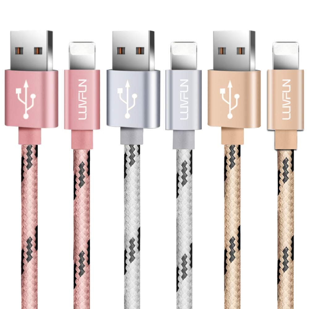 Luvfun Charger Cable for iPhone, [123M-3Pack] Nylon Braided Fast Charger Cable Compatible with iPhone XS X 8 8 Plus 7 7 Plus 6s 6s Plus 6 6 Plus iPad iPod (Rose Gold+Silver+Gold)