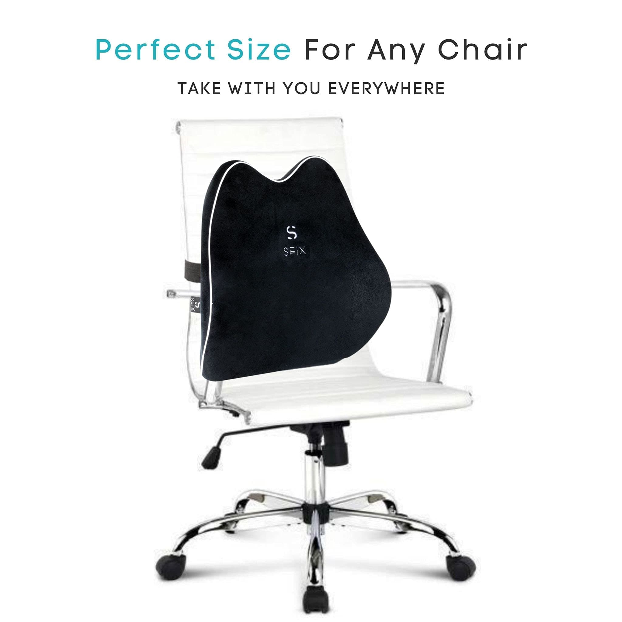 SFIX Memory Foam Back Support Seat Cushion Lumbar Pillow, Soft Velour Cover Adjustable Strap + Carry Bag, Orthopedic Backpain Relief Tailbone Coccyx Sciatica For Office Car Wheelchair (Black)