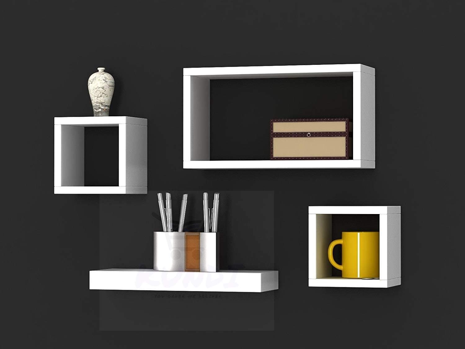 Kundi Intersecting Floating Shelves 4 Cube Square Wall Mounted Shelves Wood Home Furniture Accent Decorative Wall Shelf, Black (47 Cm X 10 Cm X 65 Cm, Black) (Modern4)