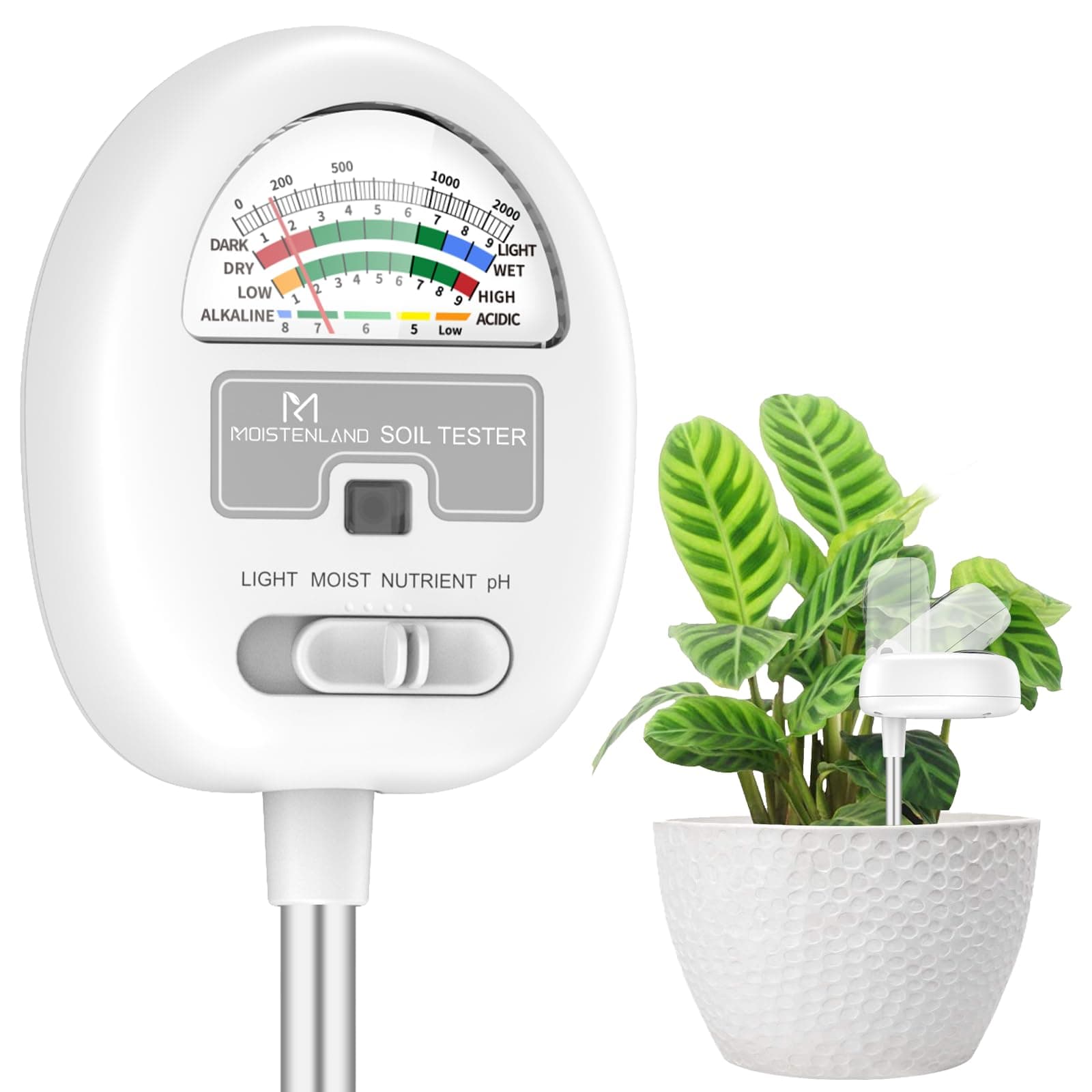 Improved Soil Moisture Meter, 4-in-1 Soil PH Tester, Soil Moisture/Light/Nutrient/pH Meter, Gardening, Lawn, Agriculture, Indoor and Outdoor Plants, No Batteries Required
