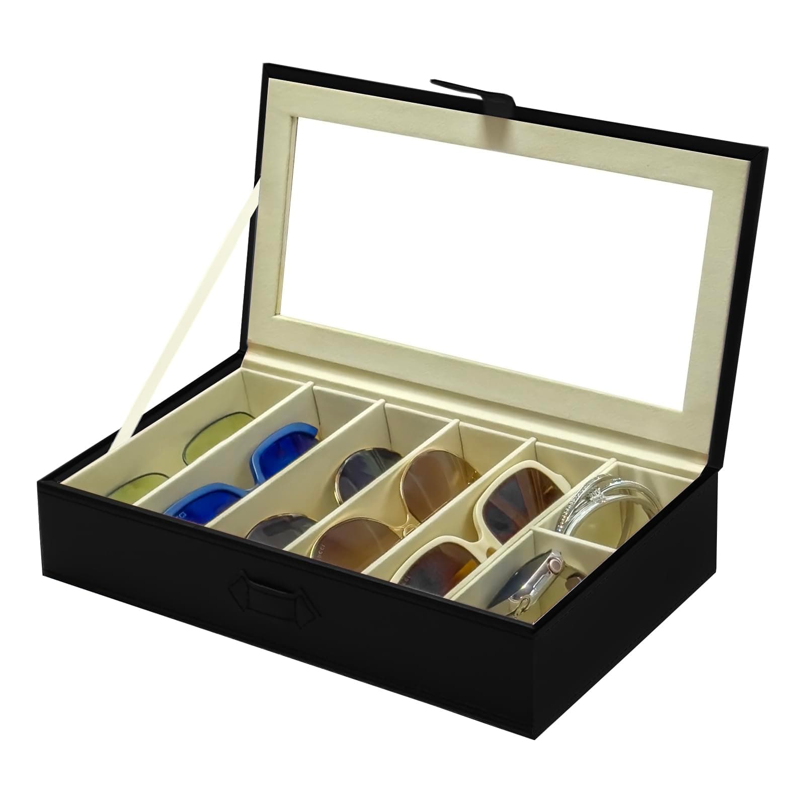 UnionPlus Sunglasses Case Organizer, Multiple Sunglasses Eyeglass Glasses Display Holder Collector, 5 Slots for Sunglasses Storage and 2 Small Slots for Accessories, Black