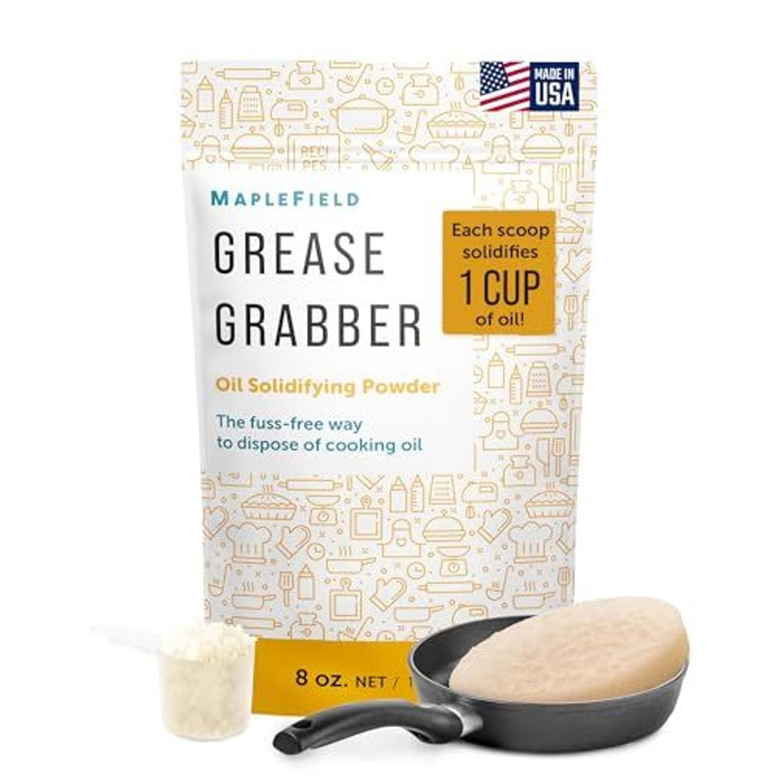 Maplefield Grease Solidifier Powder - Quick Solidification & Turn Cooking Oil Into Solid - Easy Cleanup & Kitchen Grease Absorber - Plant-Based & Waste Cooking Oil Hardener - 8 oz