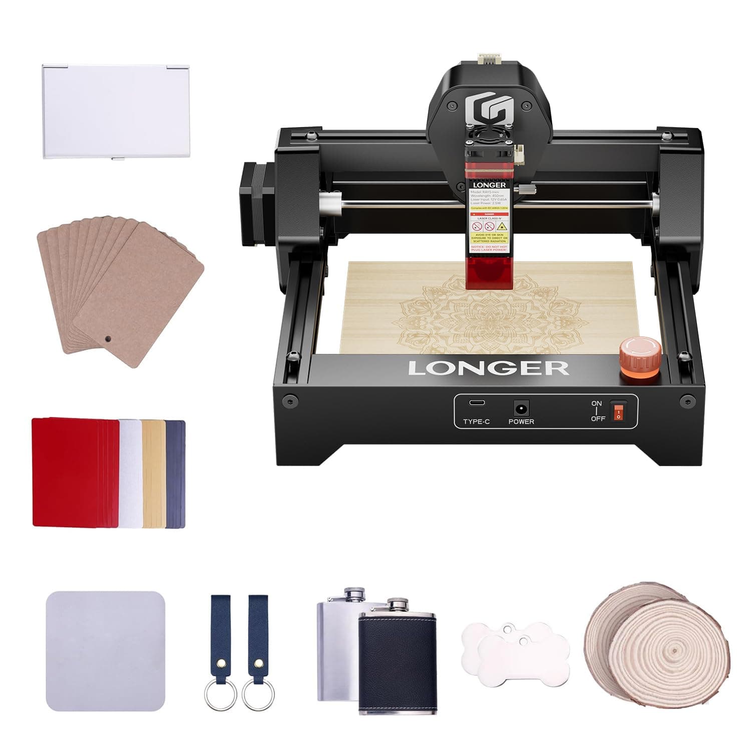 Ray5 mini 2.5W Laser Engraver with 70 Pcs DIY Material Package, 12000mm/min High-Speed Cutter for Wood, Metal, Acrylic, Leather, DIY CNC, 130x140mm Engraving Area, WiFi, Emergency Stop Safety