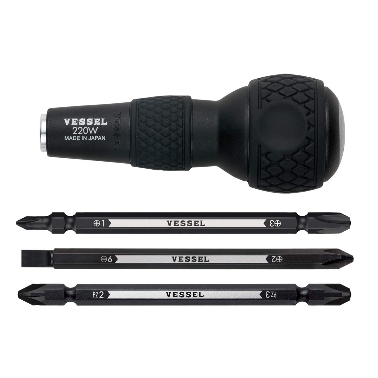 BALL GRIP 1/4" Hex. Bit Interchangeable Screwdriver (Bit 3PC. (+1, +3 / +2, -6 / PZ2, PZ3) SET. 220W3J1)