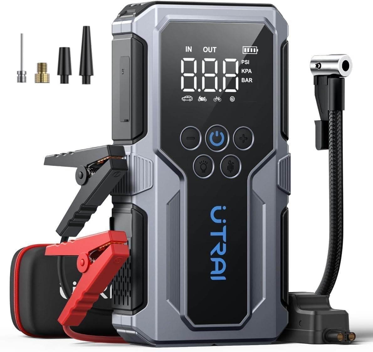 4500A Car Battery Booster Jump Starters with 150PSI Air Compressor/18W Fast Charging/LED Flashlight,UTRAI Jump Starter Power Pack,Portable Powerbank Charger,and Jump Leads for 8.5L Gas/6.5L Diese