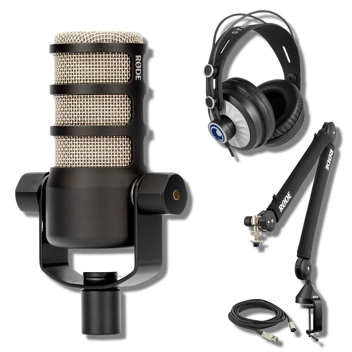 Rode PodMic Dynamic Podcast Microphone with Rode PSA1+ Boom Arm, TH-02 Podcast Headphones, XLR Cable and StreamEye Polishing Cloth