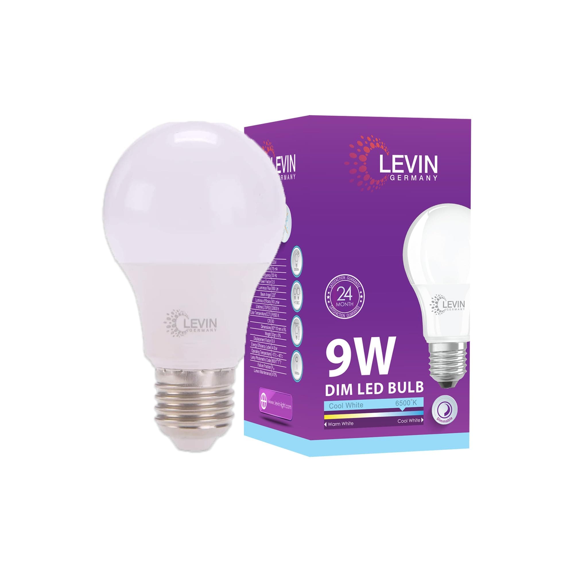 Levin Germany Dimmable A60 E27 LED Bulb, 9W- Cool White 6500K