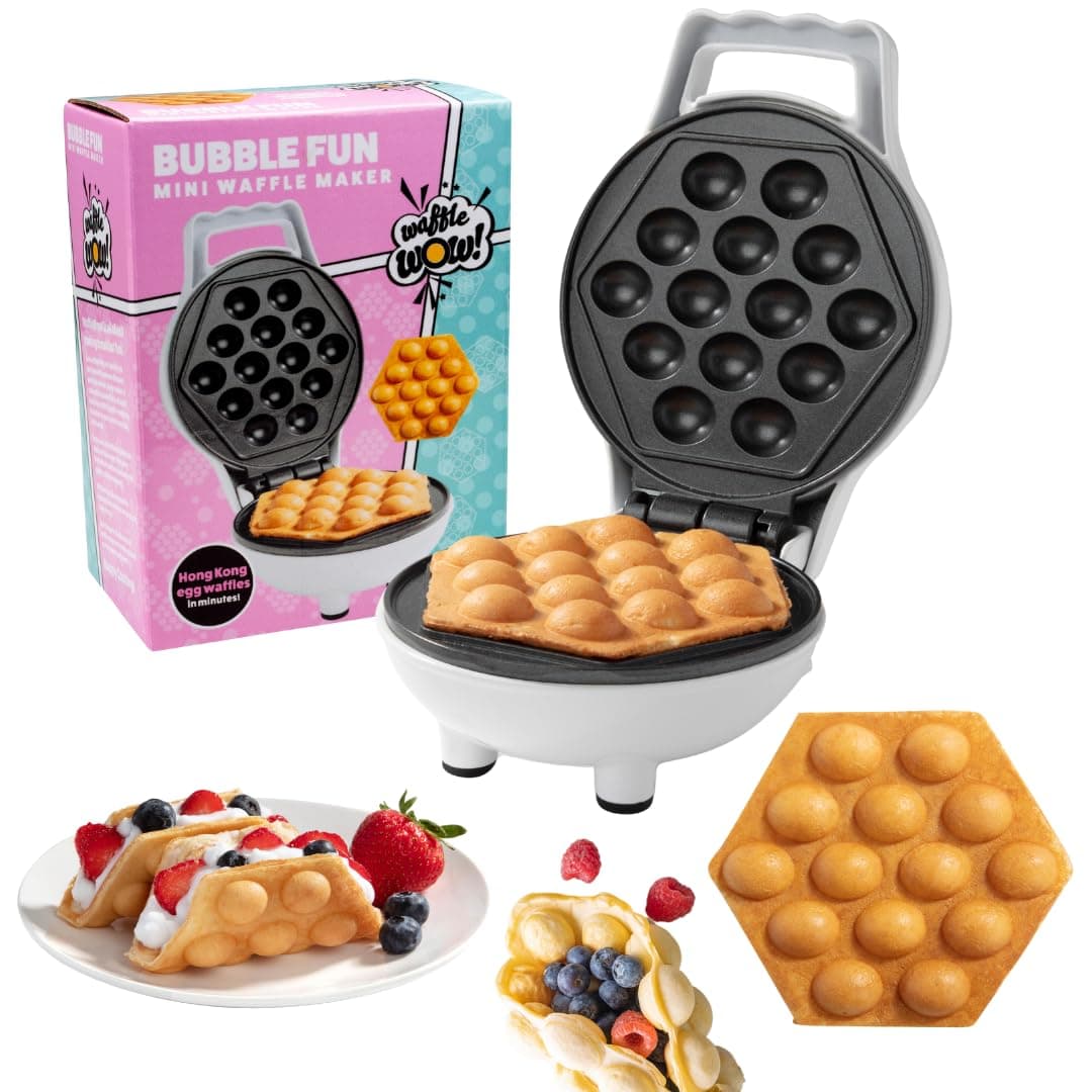 Bubble Mini Waffle Maker- Breakfast Fun w Tiny Hong Kong Egg Style Design, 4" Individual Waffler Iron, Electric NonStick Baker w Recipes- Ice Cream Treat Dessert, Dorm Essential, Easter Basket Stuffer