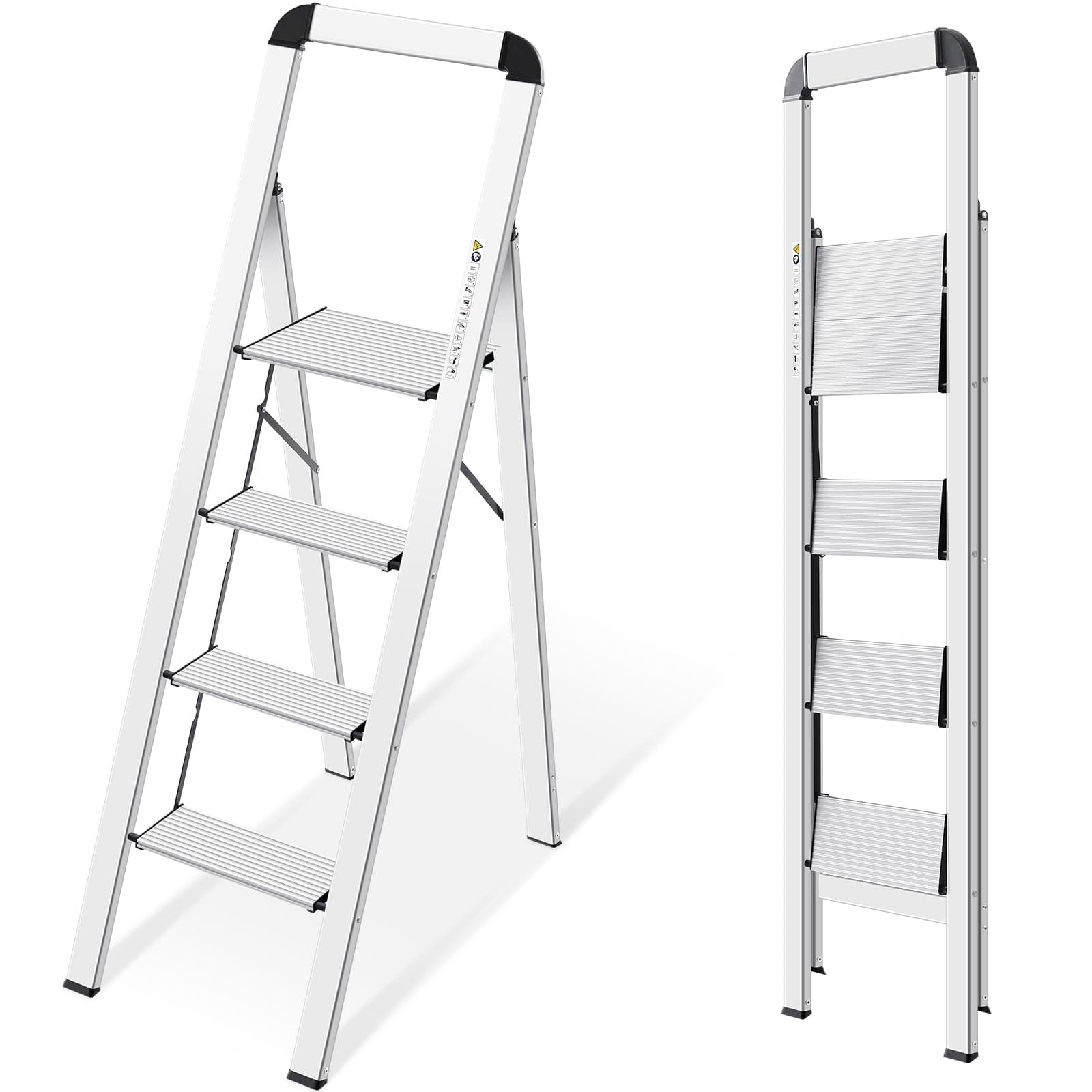 Folding Step Ladder - 4 Steps, Non-Slip, Aluminium, Max Load 150 kg, Silver