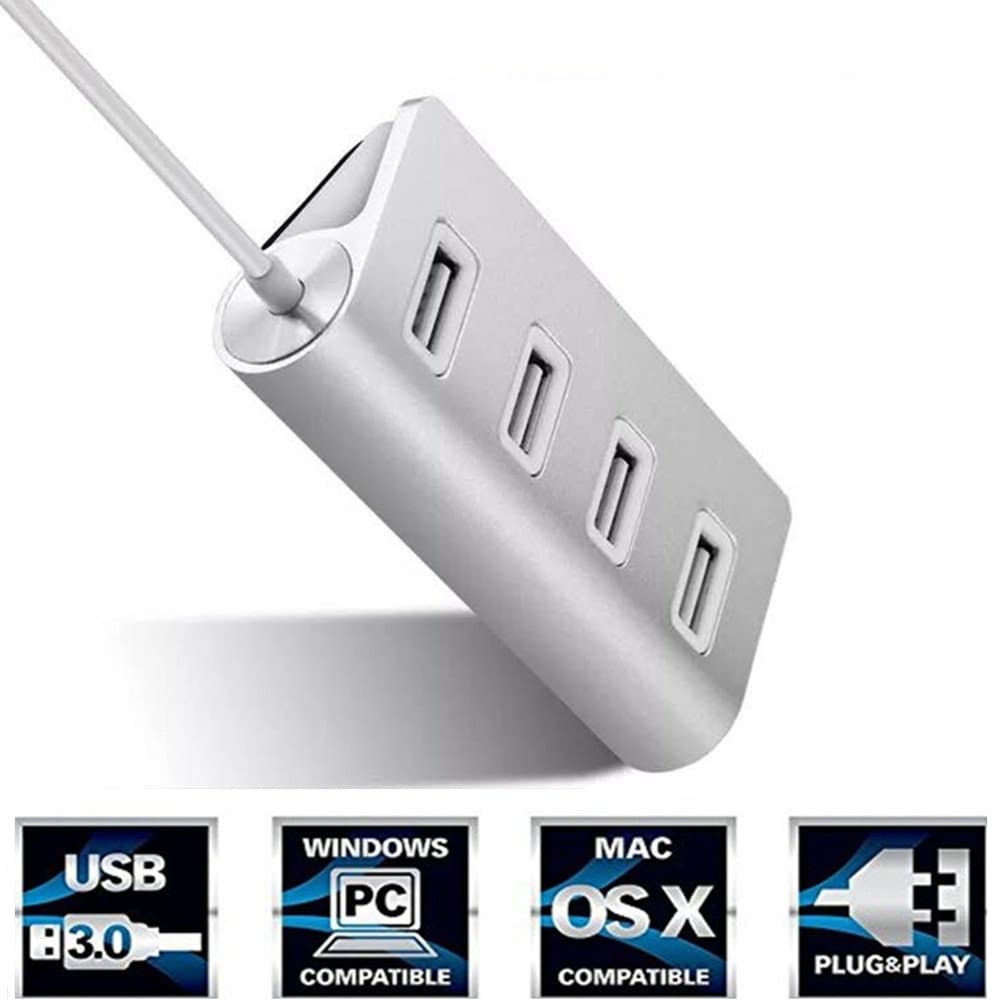 4 Ports USB 3.0 HUB, KooKen Computer Connecter High Speed Power Adapter with 1 Feet Cable For Any PC and Any USB Phone - Silver