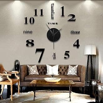 Frameless DIY 3D Wall Clock - Large for Living Room, Kitchen, Bedroom, Office, Home Decor - Acrylic Digital Modern Stick-On Clock (Black)