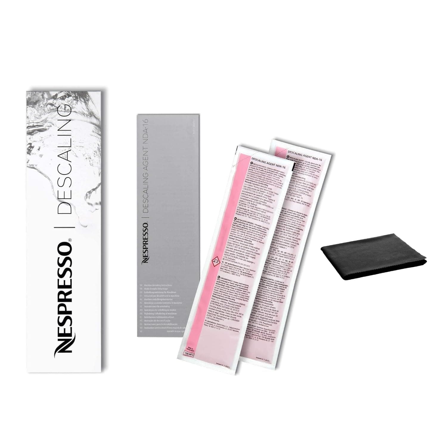 Nespresso Descaling Kit Solution, Fits all Models, 2 Packets, Descaling Solution for All Models, Includes Cleaning Cloth