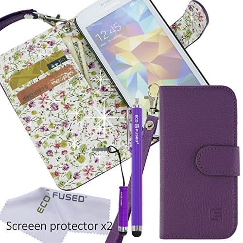 Eco-Fused Case Bundle for Samsung Galaxy S5 Mini Including Faux Leather Cover with Floral Interior/Lanyard / 2 Stylus Pens / 2 Screen Protectors/Microfiber Cleaning Cloth – Wallet Slots Inside