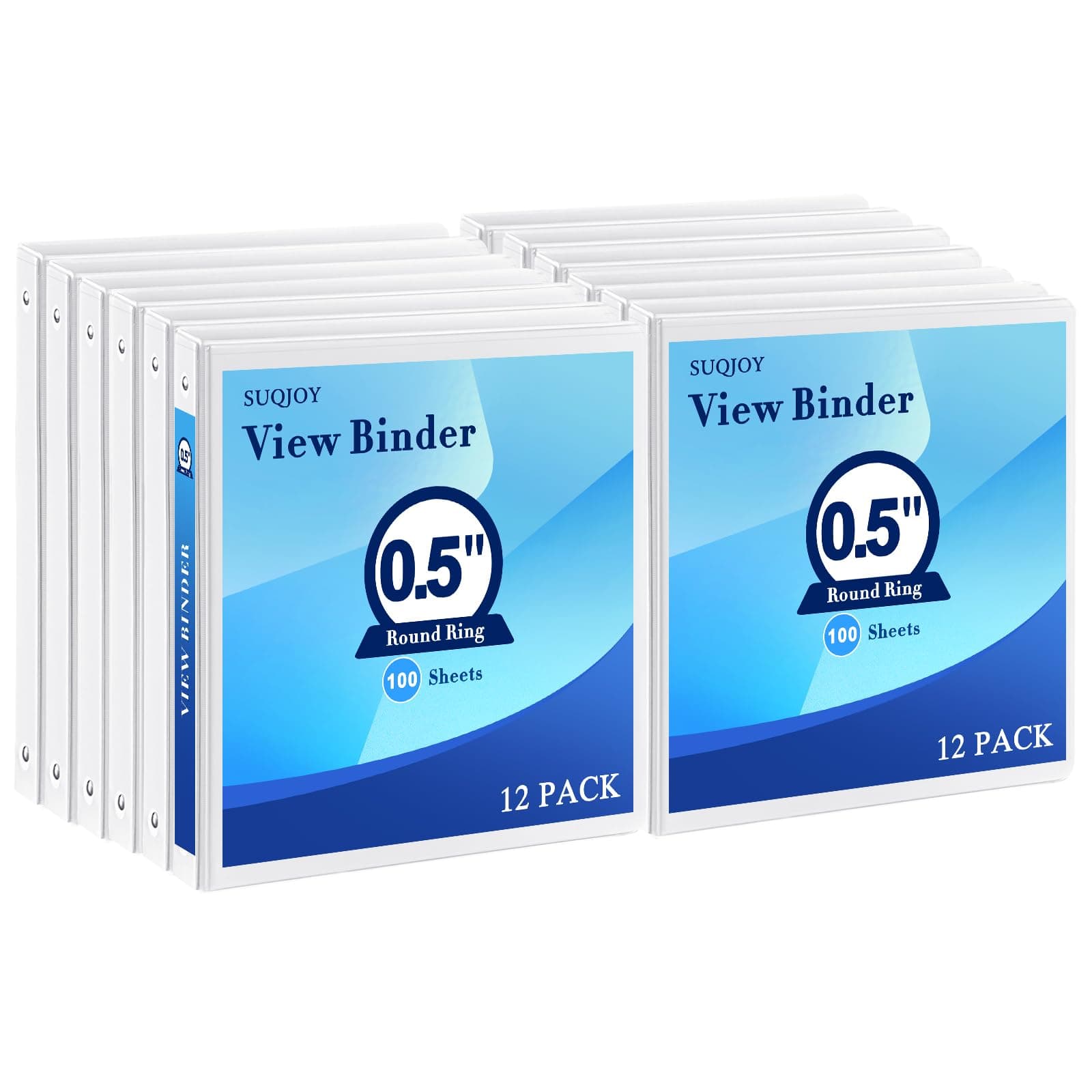 1/2 Inch 3-Ring Binder, 0.5-inch Round Ring Binder with 2 Inside Pockets, 12 Pack White Binders, Clear View CoverBinder Holds 8.5'' x 11''Paper for Office/Home/Back to School