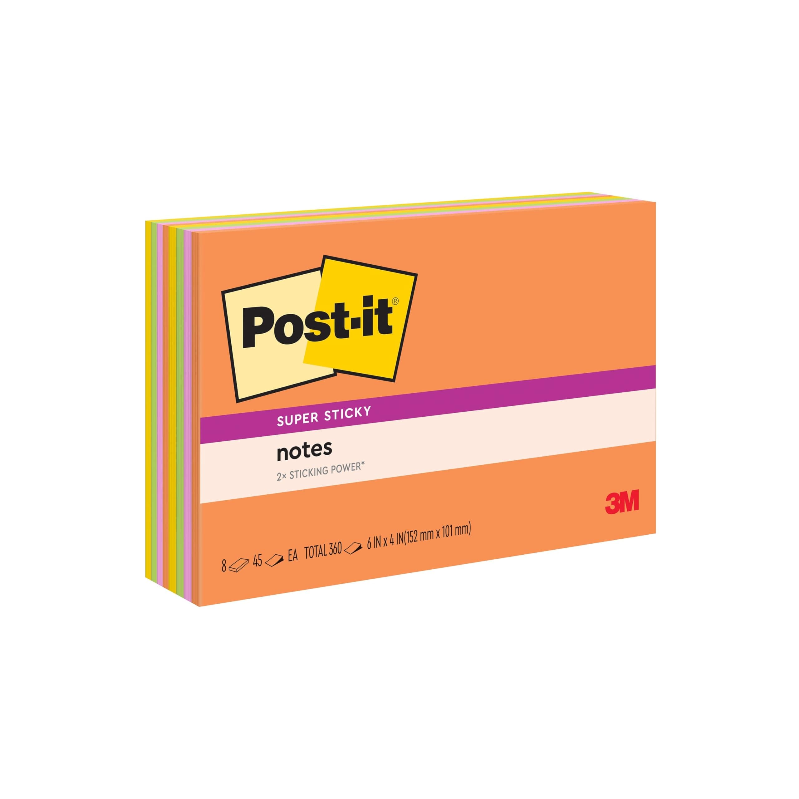 Post-it Super Sticky Notes, 6x4 in, 8 Pads, 2x the Sticking Power, Rio de Janeiro Collection, Bright Colors (Orange, Pink, Blue, Green), Recyclable (6445-SSP)