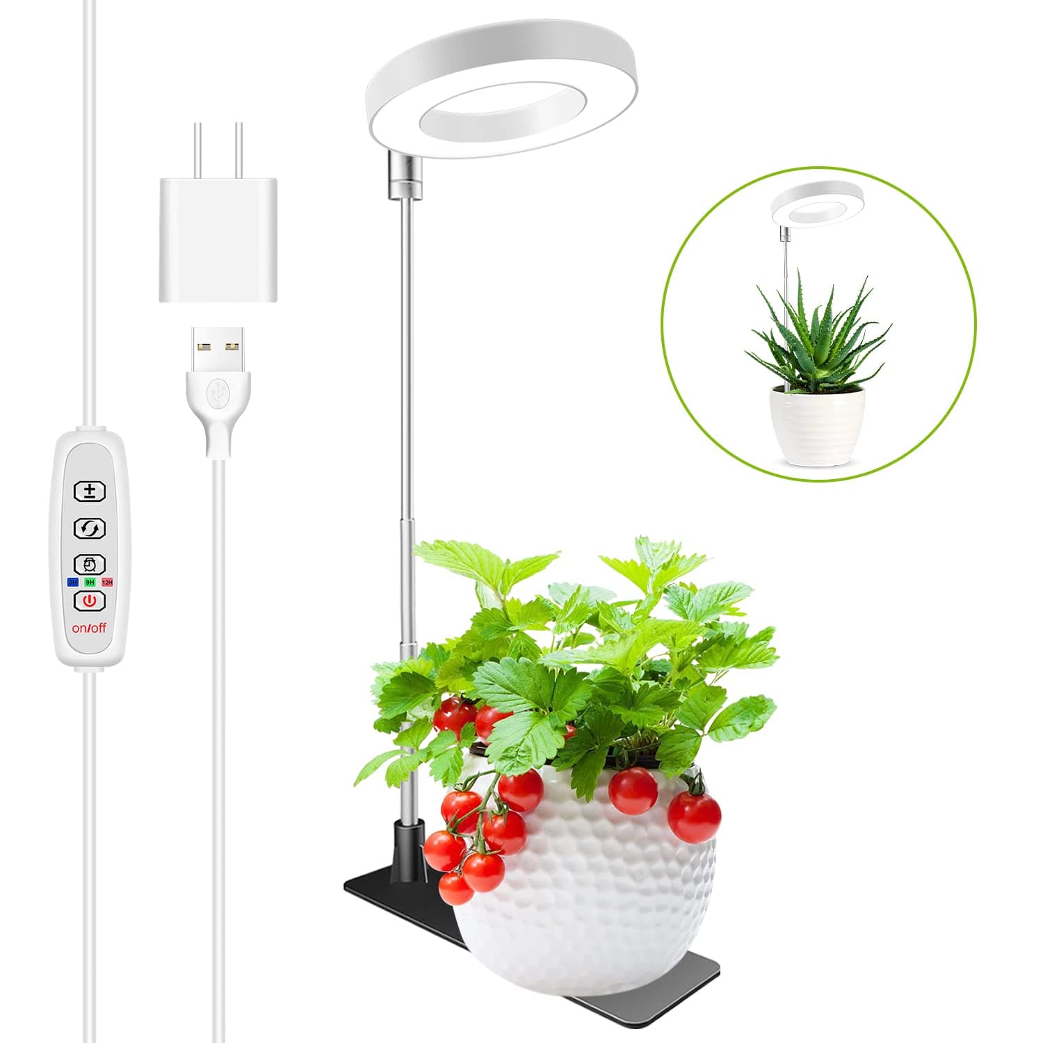 Grow Lights for Indoor Plants, Full Spectrum Halo Growing lamp with Detachable Base, Height Adjustable, 3 Colors, 10 Dimming, Automatic Timer, Plant Light for Succulents Small Plants