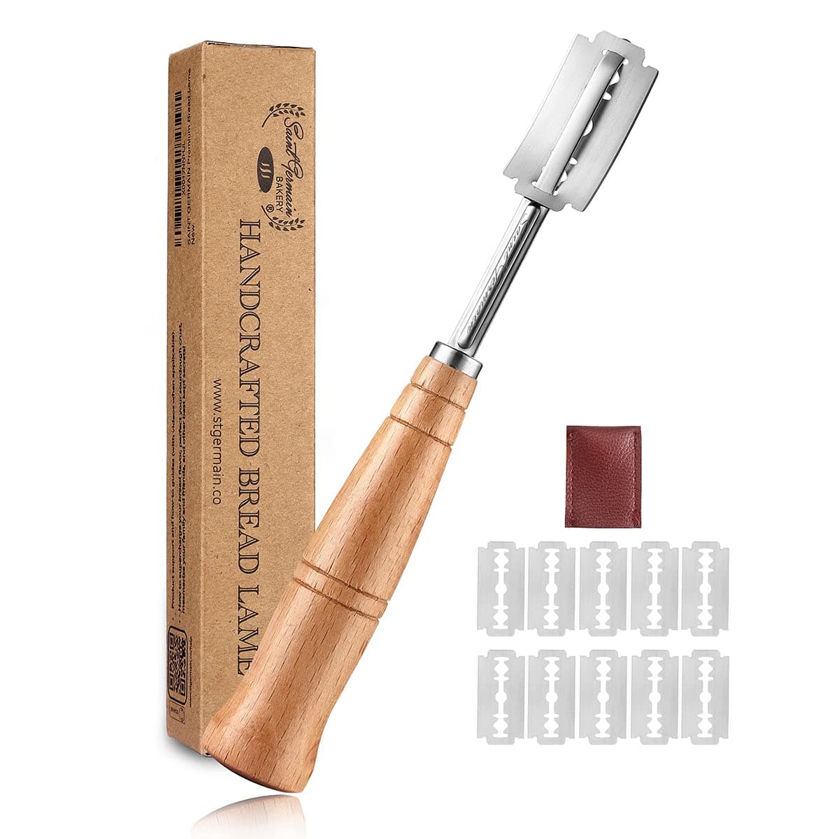 Saint Germain Bakery Premium Hand Crafted Bread Lame with 6 Blades Included - Best Dough Scoring Tool with Authentic Leather Protective Cover