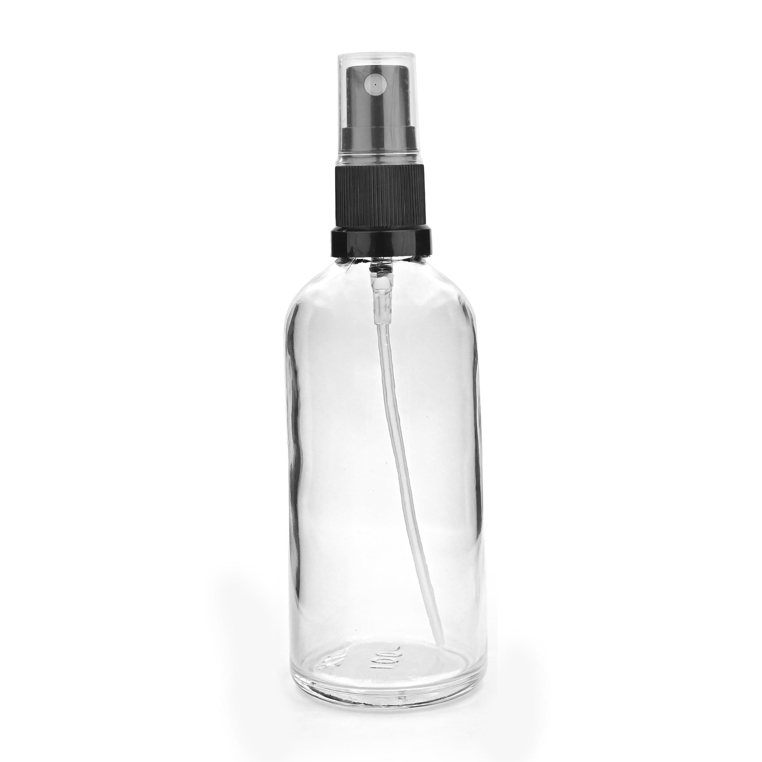 Happy Packaging 100ML Clear empty glass bottle With Black Mist Spray And Over Cap | Refillable | Leak Proof For Essential Oils | Reusalble | DIY Perfumes | DIY serums Pack Of -1