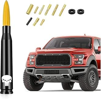 Car Truck Bullet Antenna, 5.5"x0.8" Replacement Short Antenna Mast with Screws Adapter, Skull Design AM/FM Radio Antenna, Automobile Exterior Accessories for Pickup, SUV, Vehicles (Gold)