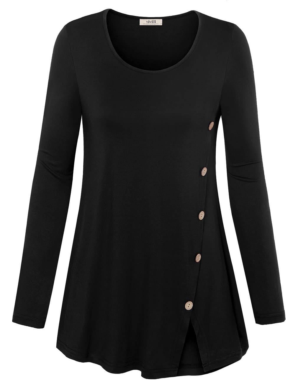 Vivilli Women's 3/4 Roll Up Sleeve Split Hemline Casual Loose Button Side Tunic Tops (Medium, 40 Black)