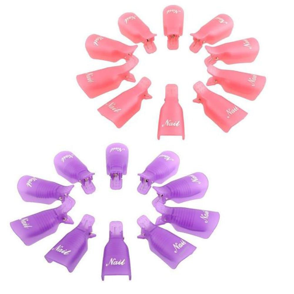 COSEMY 20 Pcs Durable Reusable Plastic Nail Polish Remover Lacquer Tool Soak Off Wrap Cleaner Nail Clip Cap (Pink and Purple)