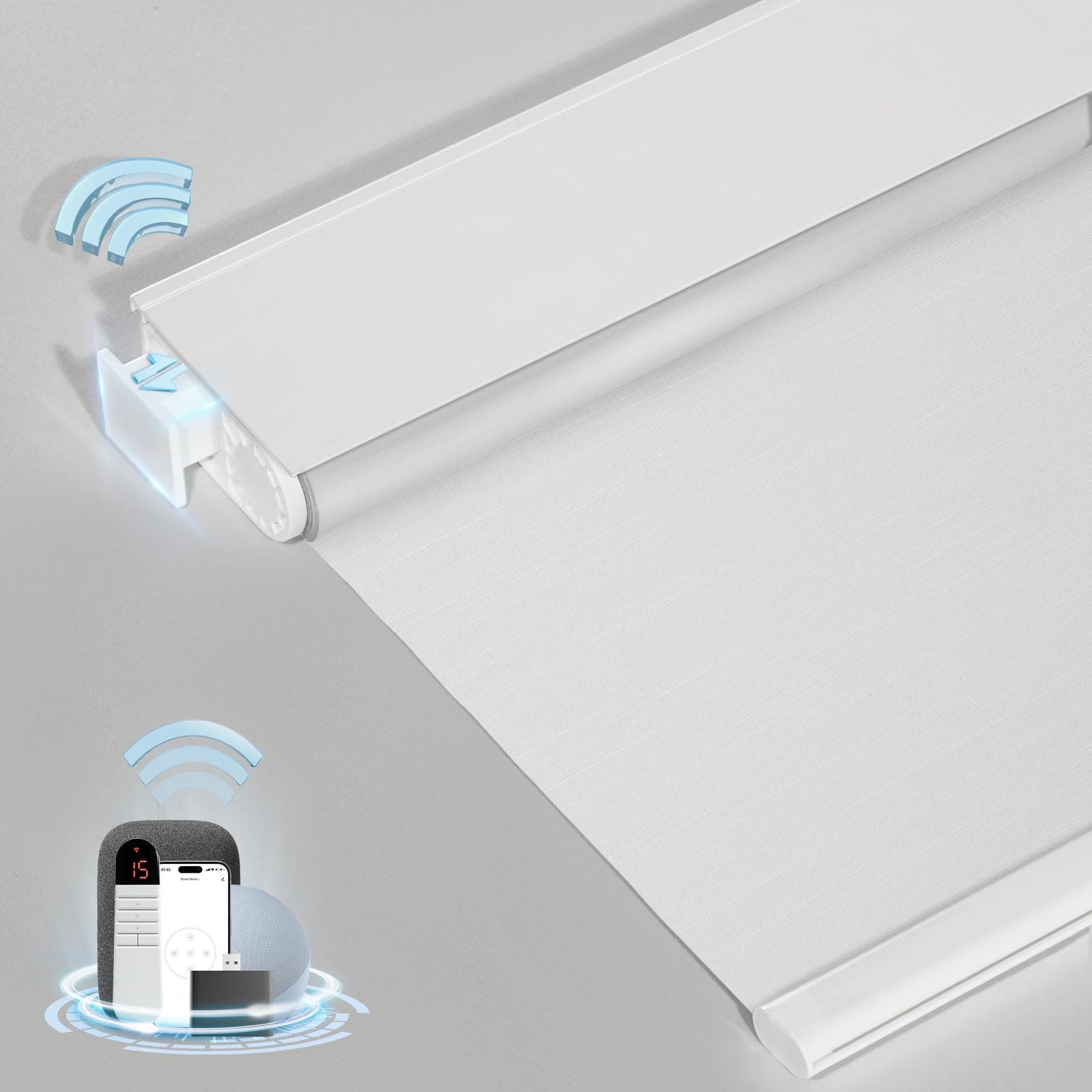 Smart Motorized Blinds with Remote, Cordless No-Drill Automatic Roller Shades, Blackout Electric Blind for Windows, White, 34 x 72