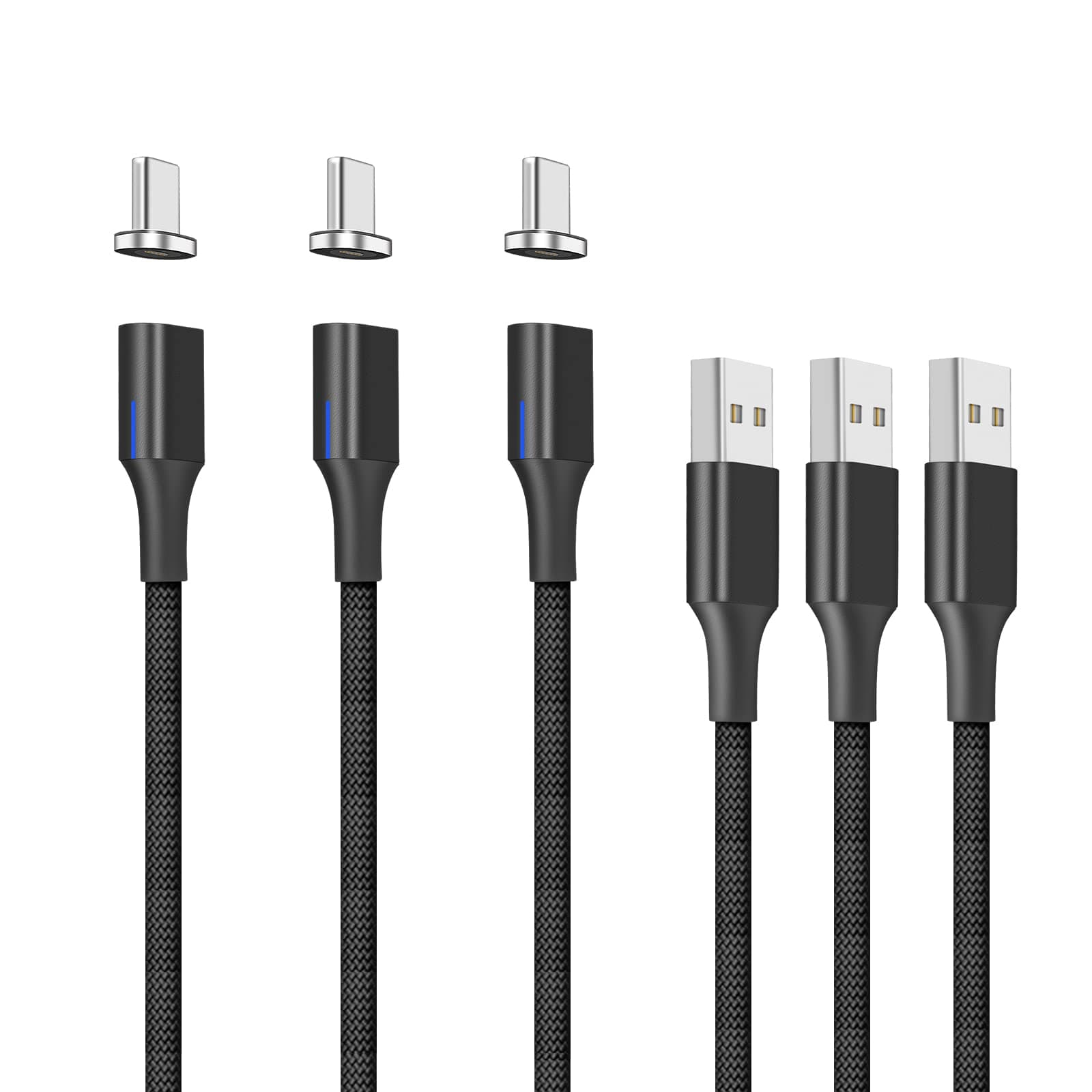 NetDot Gen10 USB-C Nylon Braided Magnetic Fast Charging Cable with Side LED compatible with Type-c Device(1.5m/3 pack black)